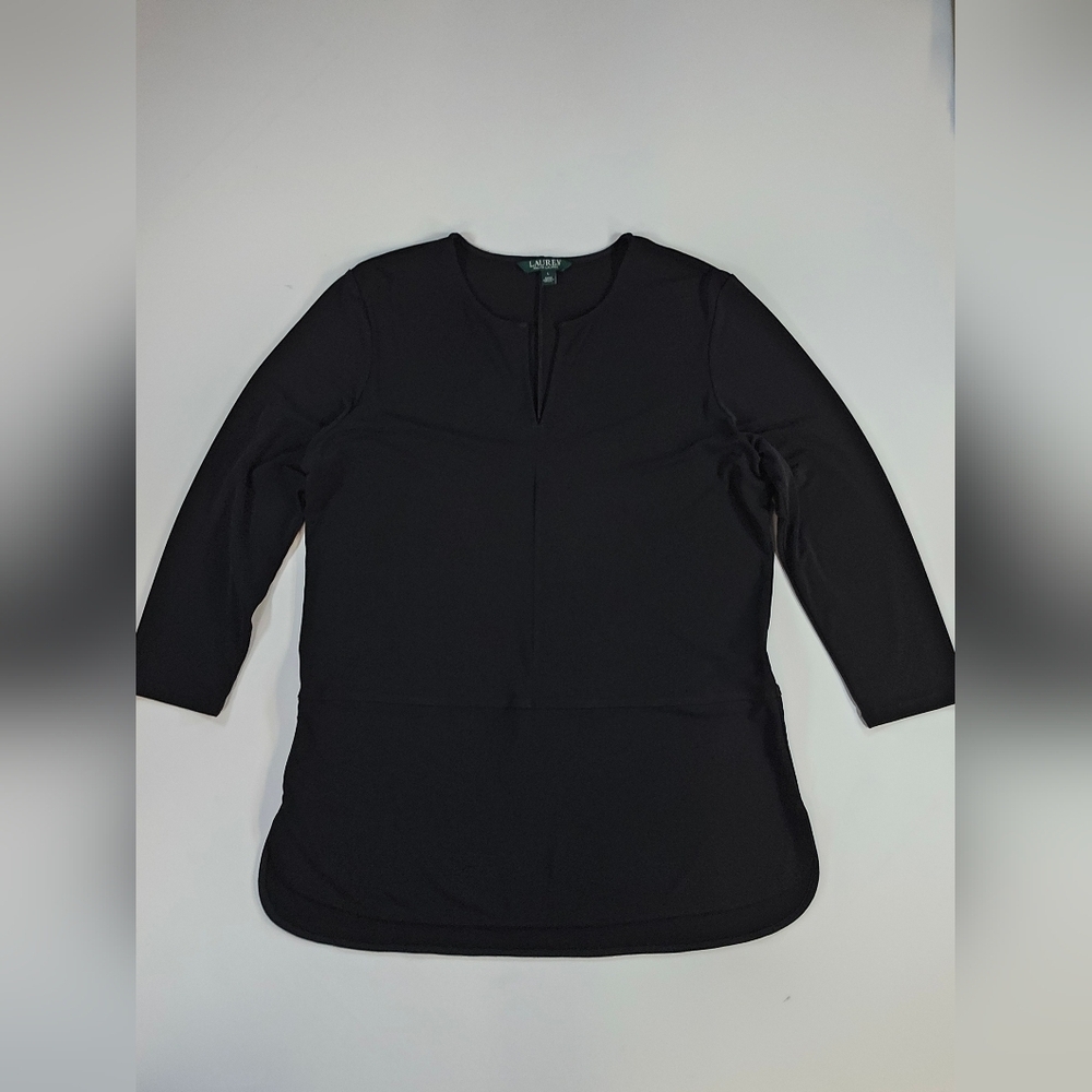 LAUREN RALPH LAUREN Blouse Large Tunic Jersey Keyhole 3/4 Sleeve Black